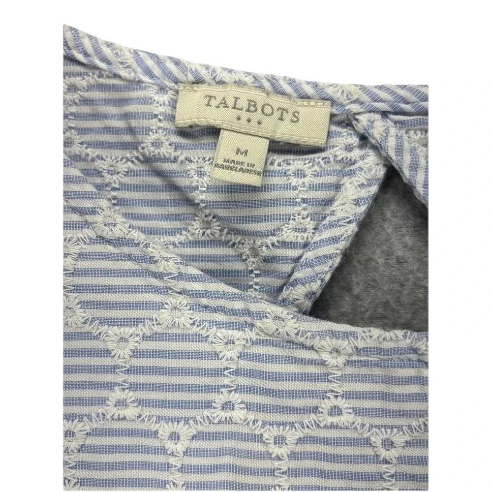Talbots Medium Blue White Embroidered Stripe Sleeveless Tank Top Keyhole Cotton - Picture 3 of 10